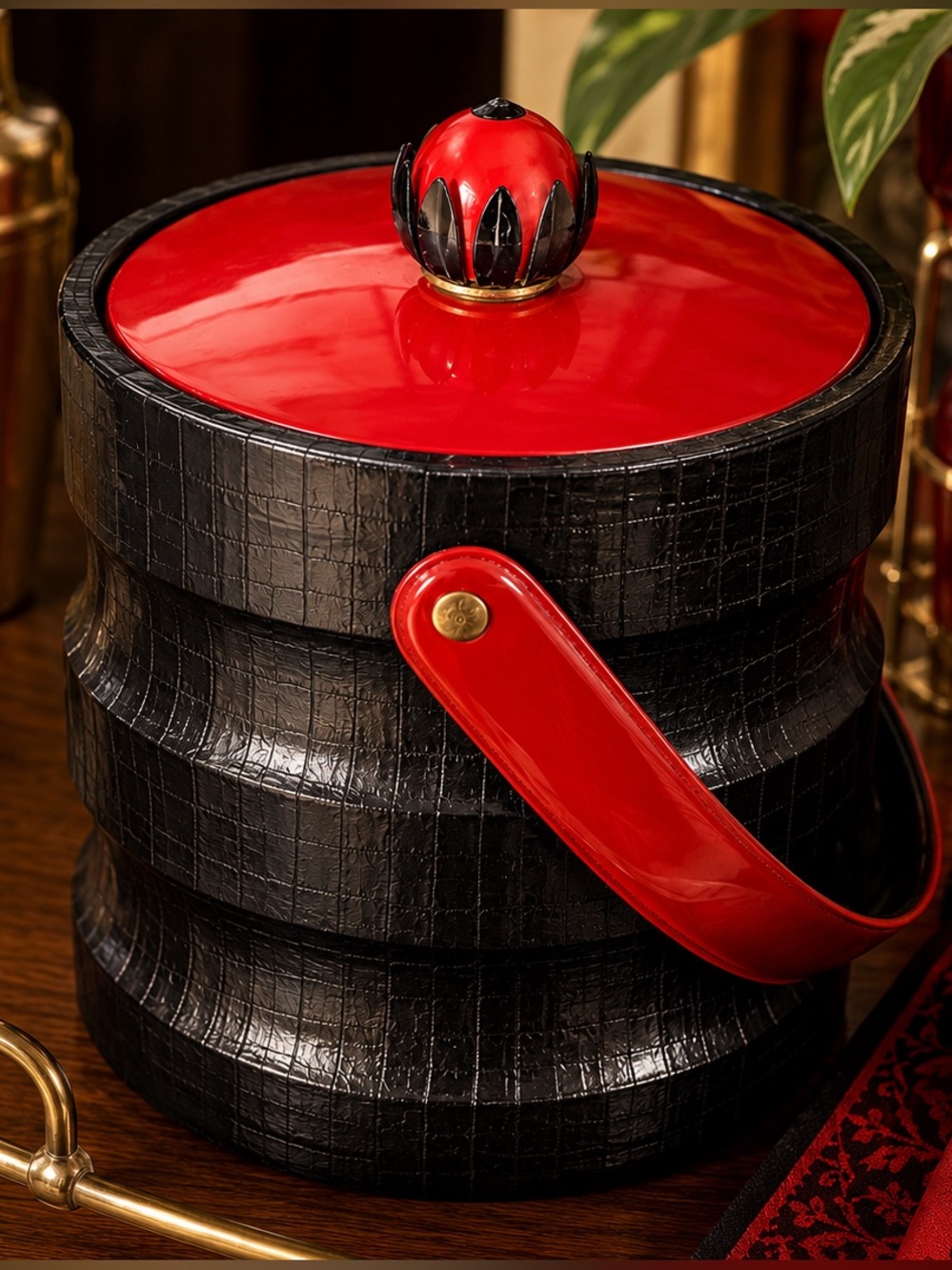 Vintage Gott Crocodile Embossed Ice Bucket Red Patent Leather Atomic MCM Barware